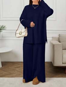 EURMUSE Women's Plus Size Solid Color Sweater And Knit Pants 2 Pieces Set - Navy Blue - View 6