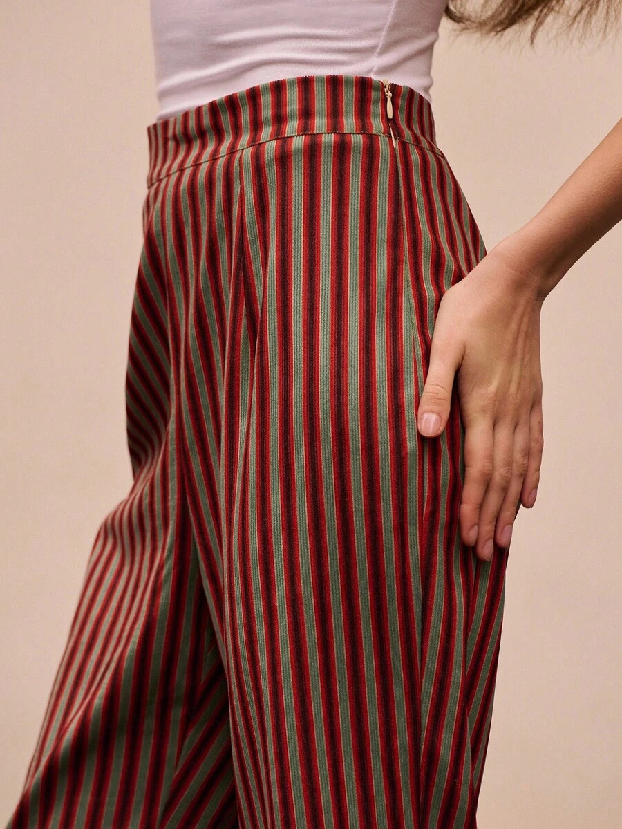 lacRébo Vintage Striped Velvet High-Waist Pants With Flared Hem Spring Women Spring Spring Women Spring Summer New Year Going Out Party - Multicolor - View 1