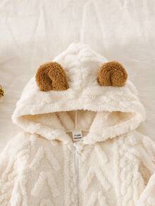 SHEIN 女婴可爱休闲针织提花羊毛连帽连体衣，秋冬 - 米色 - 查看 7