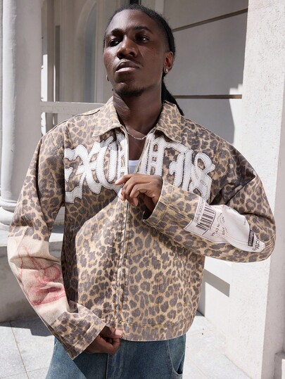Street Life Giacca di jeans da uomo con stampa leopardata, stile di moda di strada