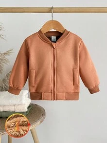 SHEIN 1 件男童休闲驼色拉链夹克，棒球领长袖保暖外套，秋冬实用款式 - 駝色 - 查看 6