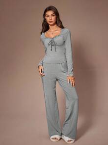 SHEIN Lazeform Casual Lace Trim Drawstring Lounge Set, Fall Winter Clothes, Cozy Outfit - Grey - View 4