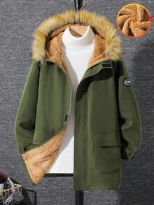 SHEIN Veste à capuche zippée doublée thermique pour garçons préadolescents, décontractée et polyvalente. Matière plus épaisse, convenant pour les fêtes d'anniversaire, soirées, représentations, mariages, baptêmes, cérémonies d'ouverture. Adapté à un usage quotidien, à l'école, aux voyages, aux sports, à l'automne et à l'hiver. - Militaire verte - Voir 3