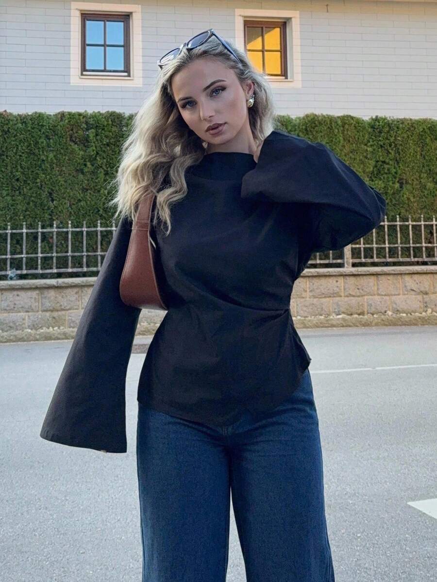 Jeta Ari 女士圆领长袖短款褶皱衬衫，办公室装扮，杏色 - 黑色 - 查看 1