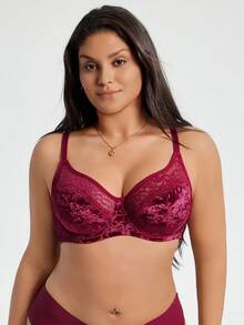 SHEIN Sujetador con aros y encaje de talla grande para Navidad - Burdeos - Ver 4