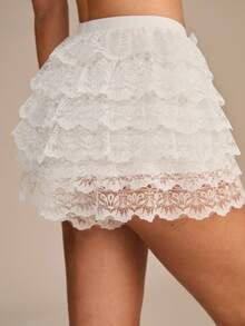 Enchnt Women Safety Shorts, Contrast Lace And Layered Ruffles Lingerie - White - View 3