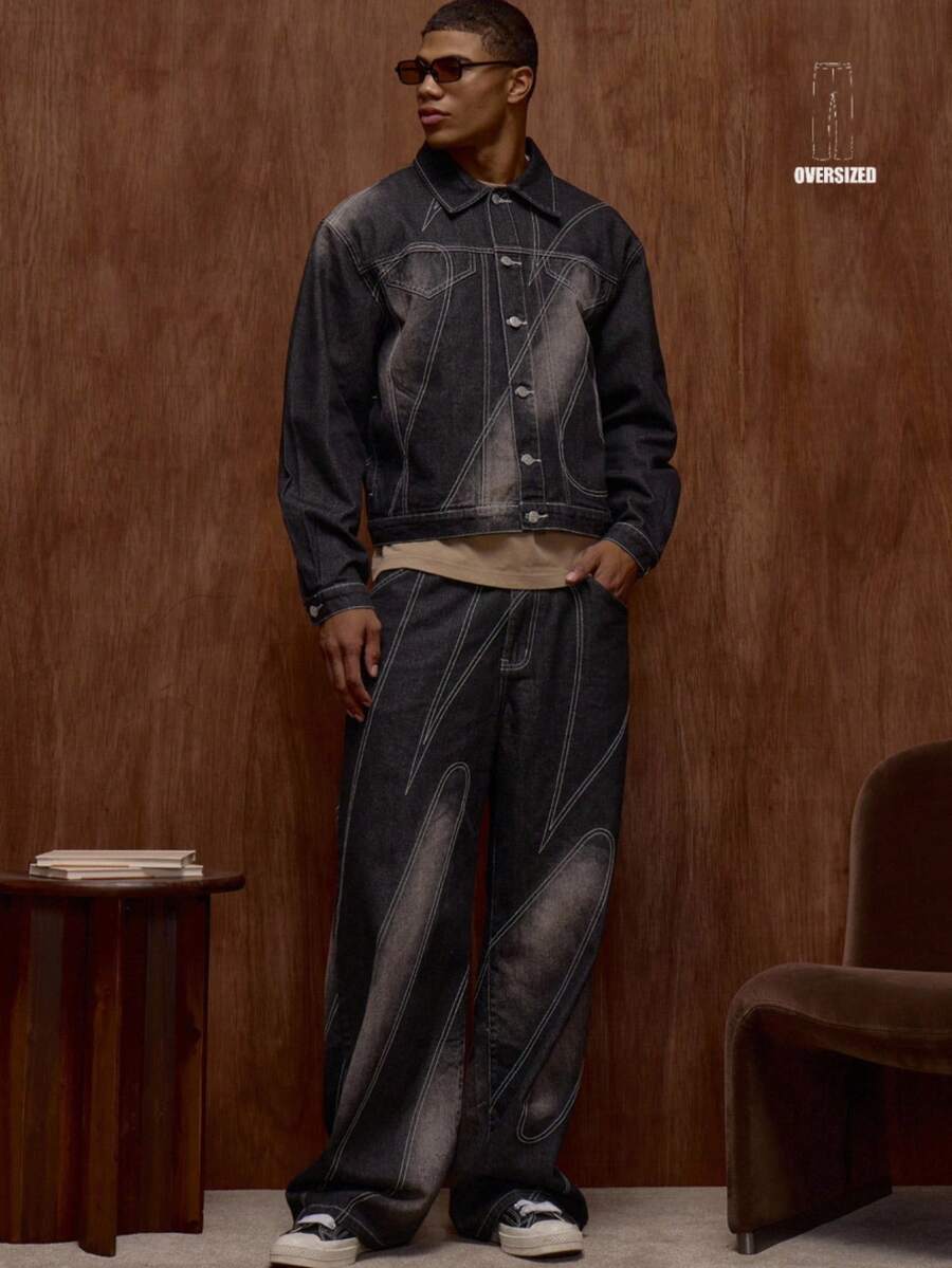 Musero 宽松水洗撞色拼接细节牛仔裤，秋冬/春夏款 - 黑色 - 查看 1