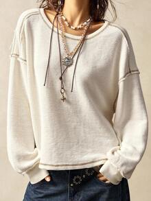 Bohemela Women's Casual Solid Color Knit Crew Neck Long Sleeve Loose Washed T-Shirt,White Top