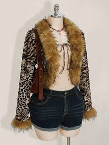 SHEIN ICON Plus Size Leopard Print Fur Collar Decor Vintage Cardigan Jacket, Y2K Retro Leopard Print Jacket Autumn Winter Clothes For Women - Multicolor - View 1