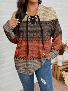 SHEIN LUNE Plus Size Women's Brown Autumn Boho Hiking Thanksgiving Maillard Color Striped Print Casual Loose Fit Hooded Long Sleeve Sweatshirt Fall Tops - Multicolor - View 7