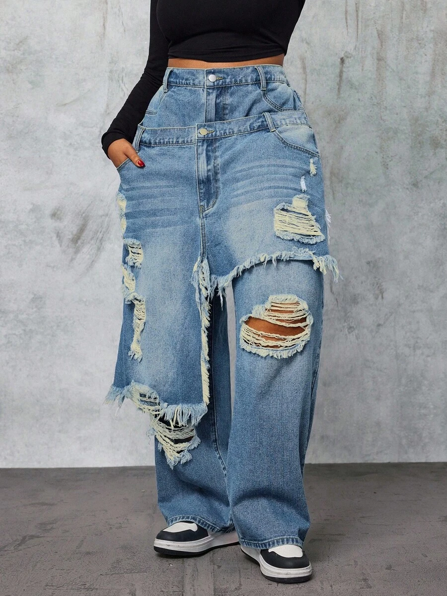 Slaydiva Plus Size Double Waistband Distressed Frayed Hem Streetwear Jeans - Blue - View 1