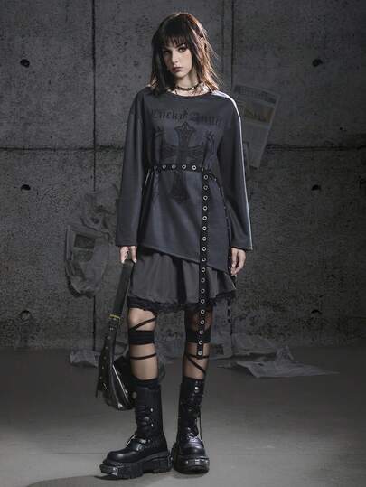  Bloopia Punk Rock Edgy Biker Chic Sexy Fashion Women's Autumn/Winter Halloween Cross Print Rivet Waist Belt Asymmetrical Hem Loose Casual Pullover T-Shirt