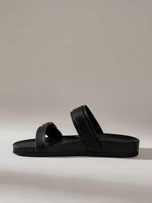 Solecia Casual Black Flat Sandals With Metal Square Buckle, Perfect For Vacation Spring Shoes Spring Break Easter For Christmas - Black - View 3