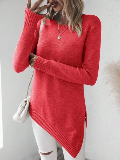 EMERY ROSE Casual Solid Color Asymmetric Hem Sweater, Autumn/Winter