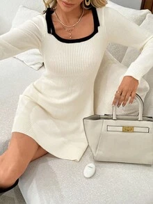 Serisse 女士优雅撞色滚边罗纹针织蝴蝶装饰连衣裙，秋冬款 - 彩色 - 查看 2