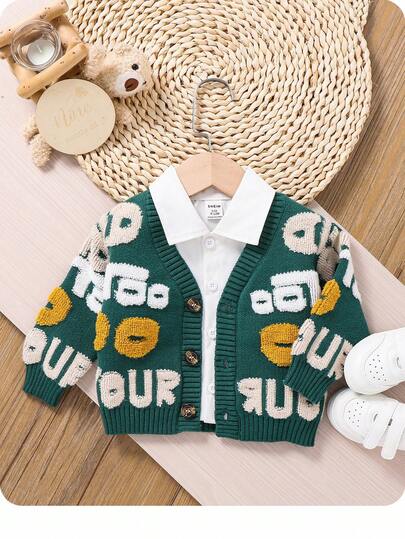 SHEIN Baby Boy/Girl Minimalist Letter Pattern Soft V-Neck Long Sleeve Knit Cardigan, Casual & Fashionable For Home & Outdoor, Autumn/Winter