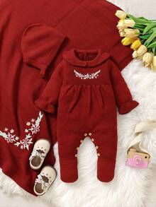 SHEIN 3pcs Newborn Baby Girl Outfit Set: Embroidered Peter Pan Collar Jumpsuit, Hat, And Knit Blanket Red Newborn Dress Red Baby Outfits Cherry Baby Outfit Dress Christmas For Baby Girl Christmas Outfit Dress Christmas For Baby Gil