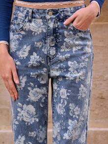 lacRébo 高腰阔腿牛仔裤搭配花卉印花牛仔秋季女装秋季服装 - 中等水洗藍 - 查看 6