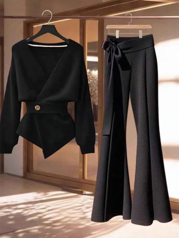 Franclia Conjunto feminino casual de 2 peças, de alta qualidade, com blusa preta com decote em V cruzado e calças com elástico na cintura, outono/inverno