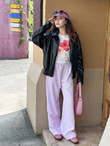 Teen Girls Black Loose Fit Leather Jacket With Motorcycle Style Fall Winter - Black - View 6