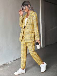 EMERY ROSE Bộ vest kẻ caro hai hàng khuy đơn giản, dễ kết hợp, tiện lợi khi đi làm - Màu vàng - Xem 3