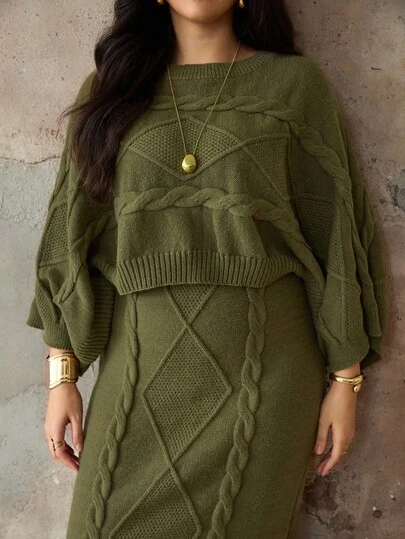 Roveilla Büyük Beden Kadınlar İçin 2 Parça Örgü Takım, Rahat Yarasa Kanatlı Kazak ve Dar Etek, Sonbahar/Kış