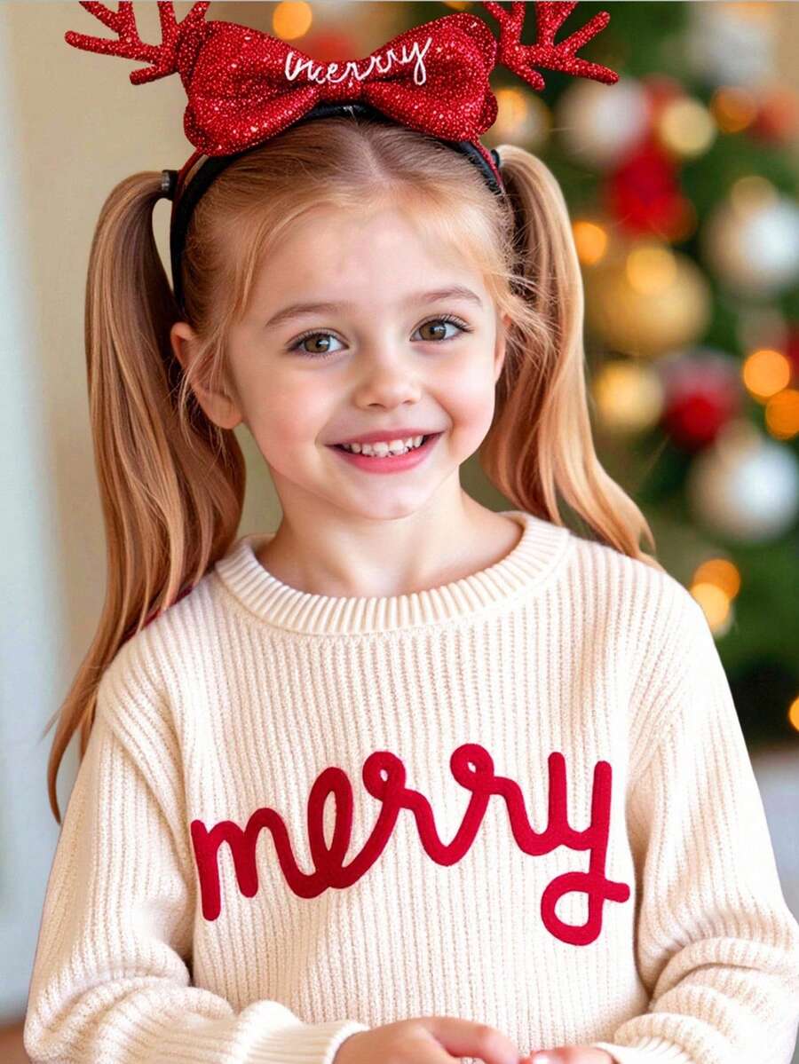 SHEIN 米色,可爱的圣诞“Merry”刺绣,圣诞氛围,舒适的季节,年轻女孩休闲宽松圆领长袖毛衣,适合秋冬季 - 奶油色 - 查看 1
