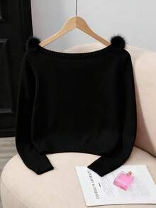 Franclia Áo len cổ lông chắp vá thời trang tay dài màu trơn dành cho nữ, mùa thu/đông - màu đen - Xem 2