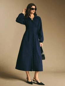 Poéselle 女式纯色长袖单排扣束腰优雅中长连衣裙 - 藏蓝色 - 查看 4