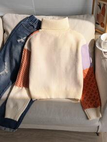 SHEIN Tween Mädchen Pullover mit strukturiertem Blumen-Patchwork, Herbst/Winter warmer lässiger dicker Farbblock Strickpullover mit hohem Kragen, retro elegantes Design - Verschiedenfarbig - Übersicht 3