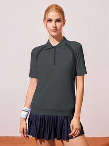 Gameset SHEIN Sport Women's Dark Grey Color Block Polo Collar Short Sleeve Sports Top,Summer Casual Golf Tennis Gym Blouse,Athletic Skirt Golf Tops - Grey - View 4