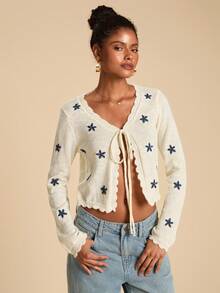 Travachic 女式花卉印花长袖系带休闲针织开衫，秋季