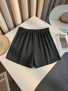 Franclia Shorts curtos casuais em tecido liso cinza escuro, com perna reta e zíper, para tamanhos plus size. Shorts curtos de couro preto para mulheres. Shorts pretos de cintura alta, shorts elegantes femininos.