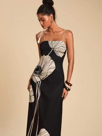 Travachic 优雅花卉印花亮片装饰露背吊带背心连衣裙，夏季