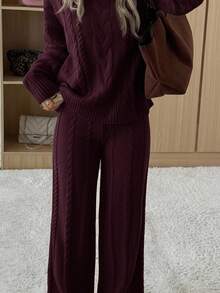 CovetEZ 女式勃艮第色圆领长袖休闲毛衣上衣和裤子两件套，冬季服装 - 酒紅色 - 查看 5