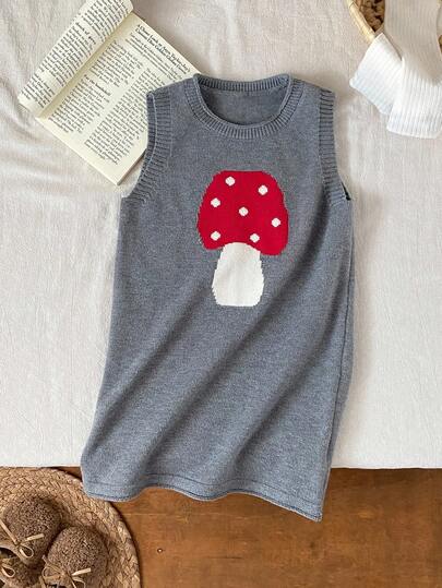 SHEIN 年轻女孩休闲日常通勤蘑菇图案无袖宽松针织毛衣连衣裙，秋冬