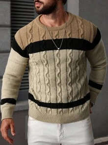 Manfinity Homme Plus Size Men's Color Block Long Sleeve Crew Neck Knit Sweater, Fall/Winter - Multicolor - View 5