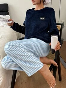 SHEIN 舒适双面法兰绒条纹圆领女式睡衣套装，秋冬装 - 藍色 - 查看 4