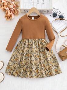 SHEIN Emery Rose Kids Váy dài tay cho bé gái, chân váy hoa cổ điển họa tiết, thời trang dễ thương mặc hàng ngày - Màu nâu  Mocha - Xem 5