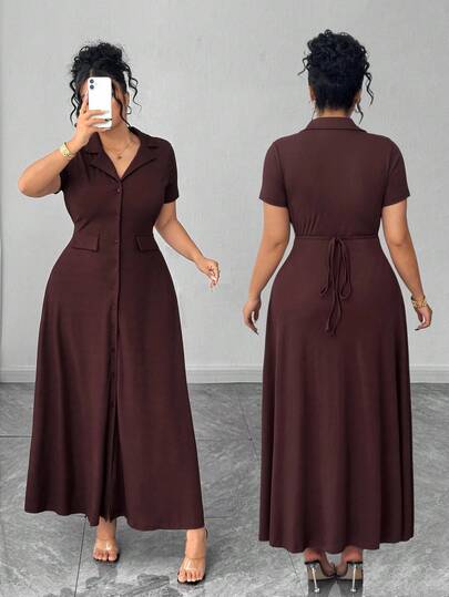 Elenzga 大码女式针织短袖通勤简约马球领腰部收腰纽扣设计棕色连衣裙