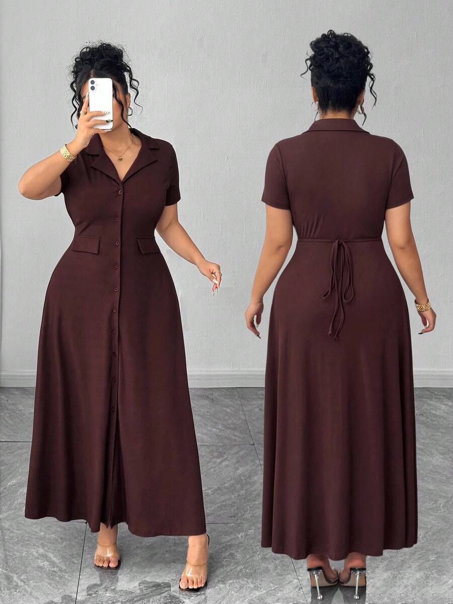 Elenzga Gaun Wanita Ukuran Besar Lengan Pendek Rajut Minimalis Kerah Polo Desain Kancing Pinggang yang Dikencangkan - Coklat - View 1