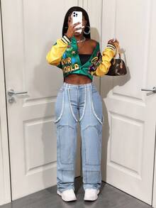 BamGleam Jeans casuales anchos de cintura alta con bolsillos y diseño deshilachado para mujer - Lavado ligero - Ver 1