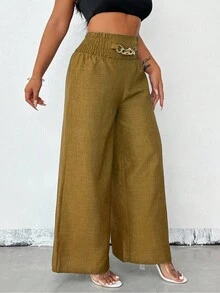 SHEIN Unity Women's Loose Wide Leg Blue Pants With Metal Chain Decoration For Summer Fall Cloth For Women - Brown - View 7