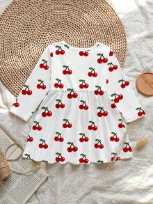 SHEIN Baby Girl Sweet Cherry Print Embroidered Effect Round Neck Long Sleeve A-Line Dress, Suitable For Outings In Autumn - Multicolor - View 2