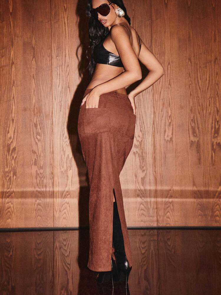 KIZN Suede High Waisted Maxi Skirt With Side Split
