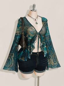 SHEIN ICON 大码女式佩斯利图案蓝色腰部衬衫 - 彩色 - 查看 7