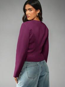 MISSGUIDED 无领专业短款西装外套，V 领，双纽扣正面，肩部结构长袖，办公室面试商务工作优雅现代正式夹克 - 紫色 - 查看 2