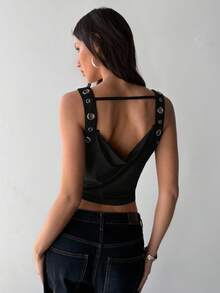 Aloruh Women's Solid Color Cowl Neck Eyelet Design Cropped Tank Top Black Crop Top Women Buckle Top Tops Cute Women Tops Cute Tops Party/Nightclub/Y2K - Black - View 3