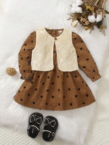Toddler Girls' Solid Color Fluffy Jacket And Polka Dot Casual Dress Set, With Convenient Button Front And Cuff Design, Fashionable Appearance, Suitable For Spring And Autumn, Suitable For Toddlers, Solid Color, Long Sleeve, Fluffy, Elastic Waist, Suitable For Outdoor, Please Select According To Our Size Chart - Multicolor - View 3