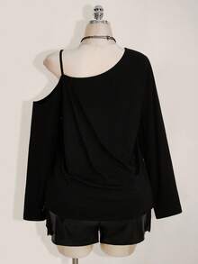 SHEIN ICON Casual Simple Cross Print Plus Size Women's Asymmetrical Shoulder Strap T-Shirt, Vintage Y2K Punk Style Dark Shoulder Top, Casual Outfit For Women, Spring/Autumn/Winter